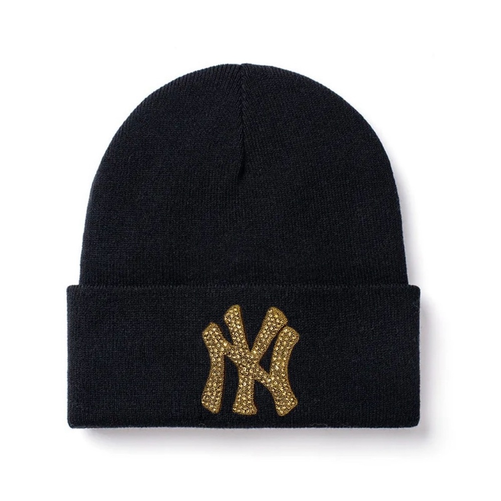 NEW “NY” Satin lined Beanie with (Gold)  Rhinestone Logo.